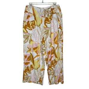 TAHARI smocked tropical linen blend wide leg Floral Pants Size XL